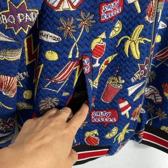 Zara Men’s Jacquard Blue Junk Food Graphic Bomber Jacket size large